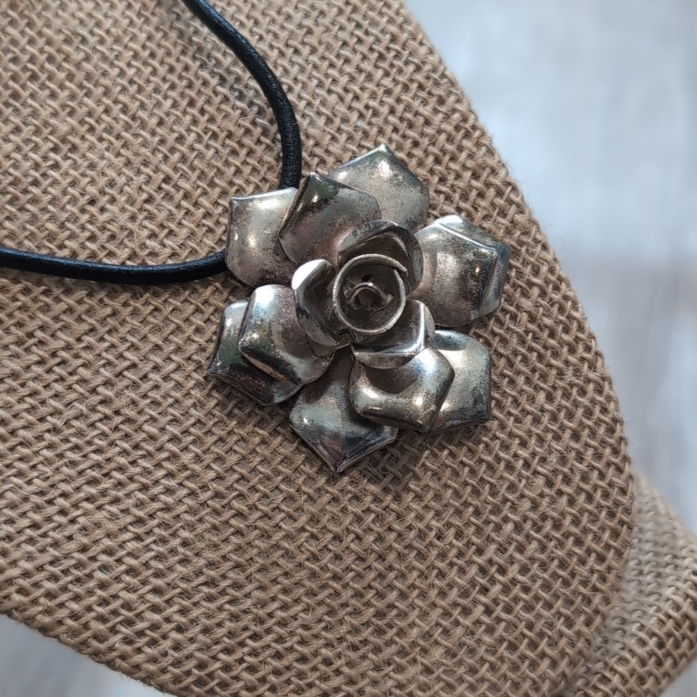 Silver Rose Pendant Necklace Black Cord - Picture 2 of 8